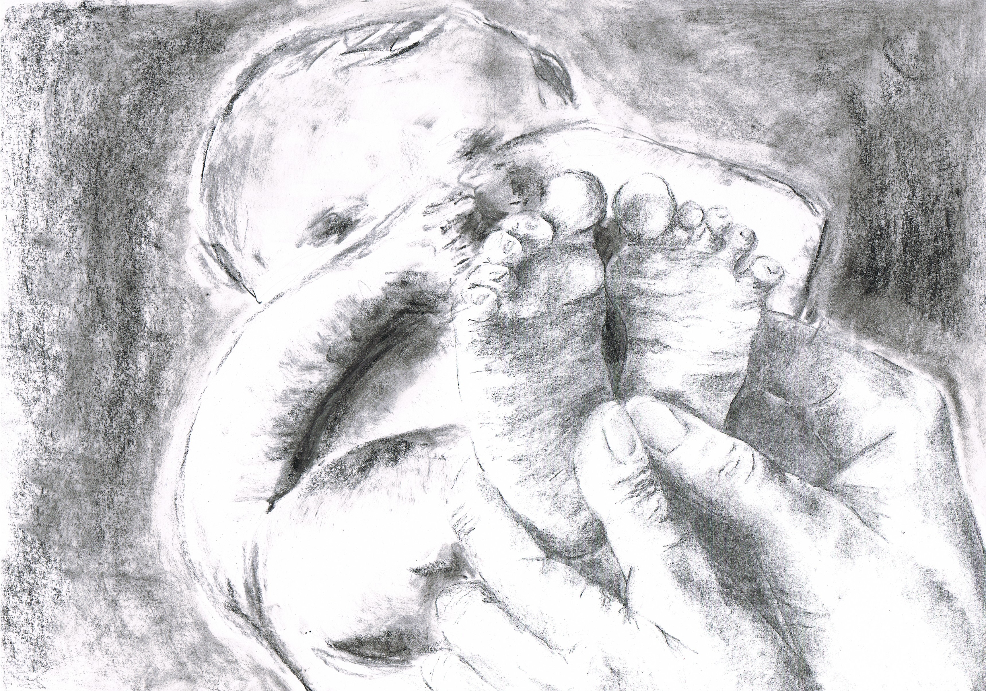 Skizze eines Babys, dessen Füsse massiert werden.